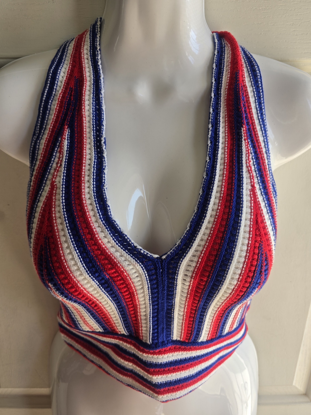 Striped Crocheted Halter Crop Top - Red, White & Blue